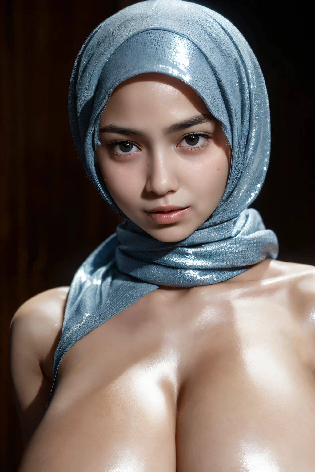 ((((HALF BODY  PORTRAIT)))), Naked, (((VERY SHINY SKIN))), Very cute like a , ((Stylish Hijab)), adorable, 1 girl, 10 years ce, shy, half  portrait,smile,  (face details: 1), (eye details: 1), ((round large breasts, cleavage)). Cute posed. proportional body. Ultra High Res. (realistic: 1.9), UHD, ((SHINY SKIN :1.4)), ((SAD FACE EXPRESSION :1.4))