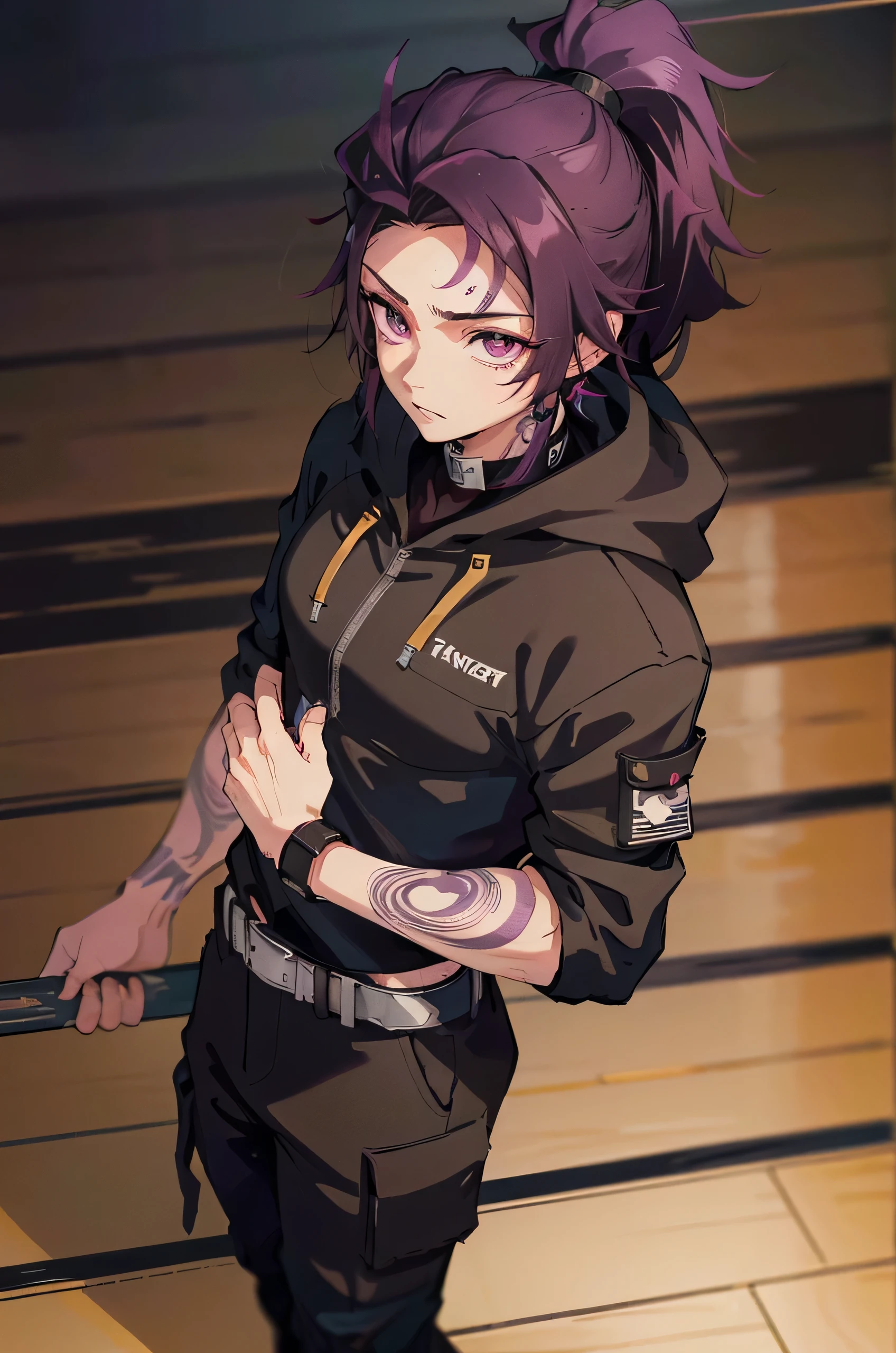 Male, man looking, handsome, tall, solo, black cargo Pants, black combat boots, black close hoodie, Half black Half purple hair, ponytail hair, one purple eye, one Golden eye, looking at viewer, tattoos all over the body, forest background, 17 year old