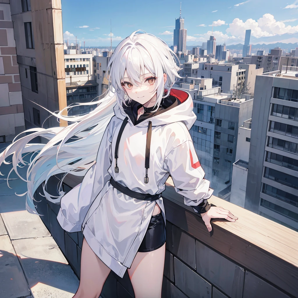 Anime boy, white hair, smiling, with brown eyes, wearing a white contrast sleeve hoodie that has black sleeves, head tilted to the viewpoint, looking at the viewpoint, in a urban area setting like a city