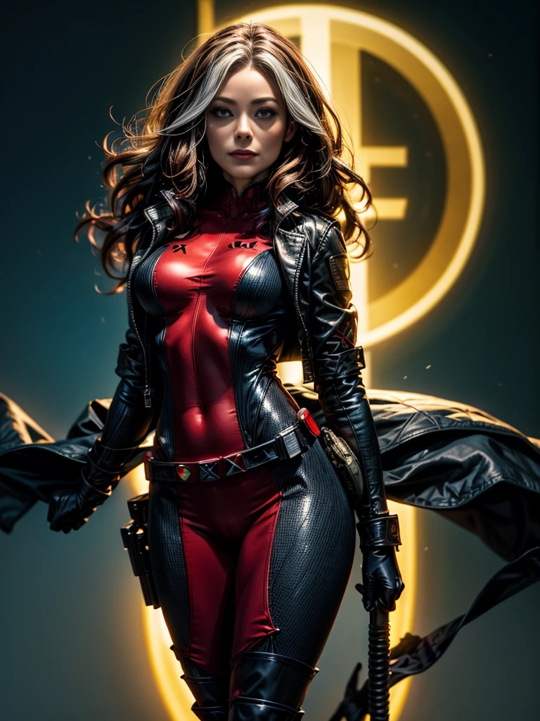 Olivia Wilde、masterpiece、High quality 4K、villain (X-Men)、Gothic Girl、Sculpted Body Gothic Makeup、Black jacket、Red and blue bodysuit、masterpiece、Highest quality、Cowboy Shots、One personの女の子、One person、Technology Military Bodysuit、fringe
