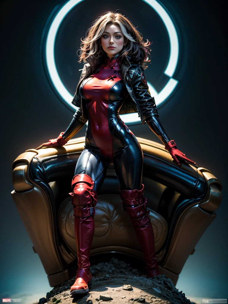 Olivia Wilde、masterpiece、High quality 4K、villain (X-Men)、Gothic Girl、Sculpted Body Gothic Makeup、Black jacket、Red and blue bodysuit、masterpiece、Highest quality、Cowboy Shots、One personの女の子、One person、Technology Military Bodysuit、fringe