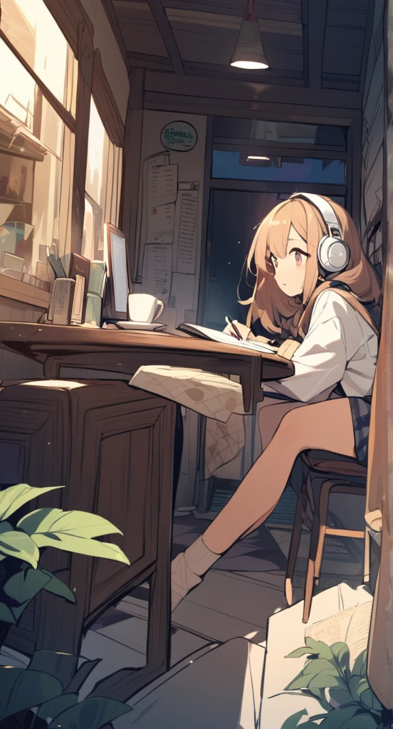 A cute girl is studying with her notebook open in an old coffee shop while wearing headphones。The table is messy、The whole desk is visible。There is coffee。Madhouse-like colors、A touch like Makoto Shinkai