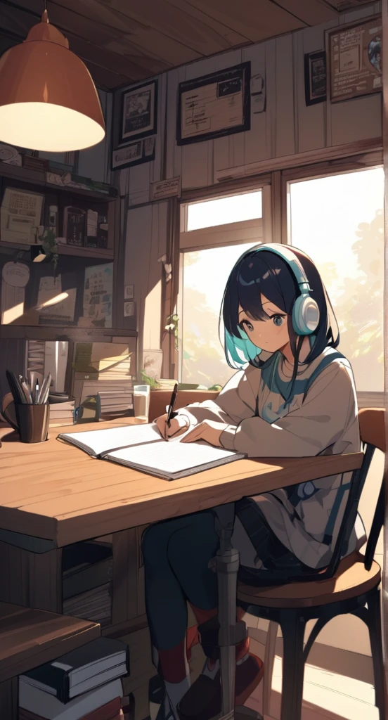 A cute girl is studying with her notebook open in an old coffee shop while wearing headphones。The table is messy、The whole desk is visible。There is coffee。Madhouse-like colors、A touch like Makoto Shinkai