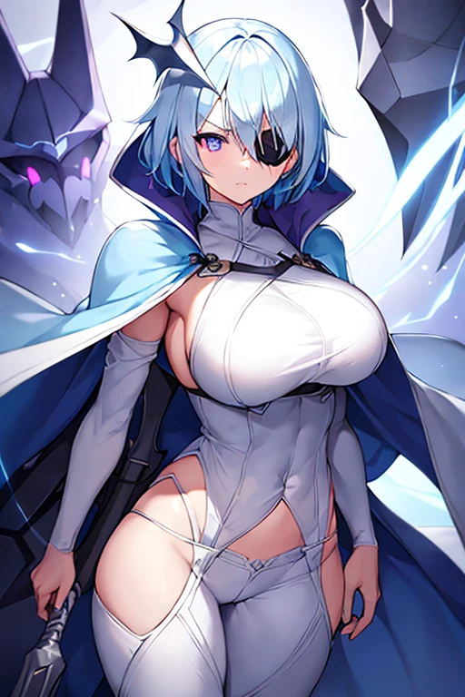 1girl, large breasts, light blue hair, purple eyes, one eye covered, eyepatch, ((eyepatch)), short hair, glowing eyes, angry, mad, cloak, white cloak, white hood, white cape, cape, belt, white pants, white clothes, hood up, pants, ((pants))