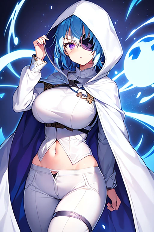 1girl, large breasts, light blue hair, purple eyes, one eye covered, eyepatch, ((eyepatch)), short hair, glowing eyes, angry, mad, cloak, white cloak, white hood, white cape, cape, belt, white pants, white clothes, hood up, pants, ((pants))