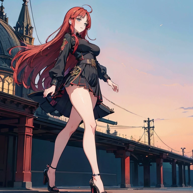 Anime Kawaii sexy Perfect Slim sensual body large breast and huge thighs, An intricate and highly detailed illustration of anime (Young girl). (work of art, Maximum quality, best qualityer, offcial art, beautiful and aesthetic:1.0), (8k, best qualityer, work of art:1.2), pretty long hair,(whole body:1.3), (breasts big:1.4), pretty long hair, high-heels, black thighighs, micro skirt, Red hair, tall girl, tupolev tu-22 bomber
