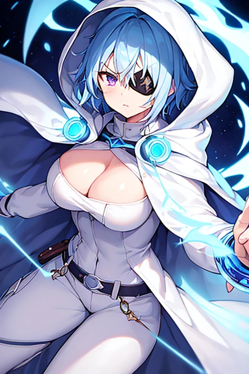 1girl, large breasts, light blue hair, purple eyes, one eye covered, eyepatch, ((eyepatch)), short hair, glowing eyes, angry, mad, cloak, white cloak, white hood, white cape, cape, belt, white pants, white clothes, hood up, pants, ((pants))