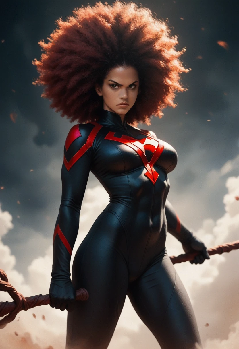 Animated, action, anime black girl, cartoon, fluffy red hair, afro, black bo staff, black eye covering, red superhero suit, curvy body, serious.