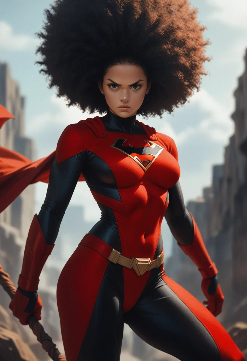 Animated, action, anime black girl, cartoon, fluffy red hair, afro, black bo staff, black eye covering, red superhero suit, curvy body, serious.
