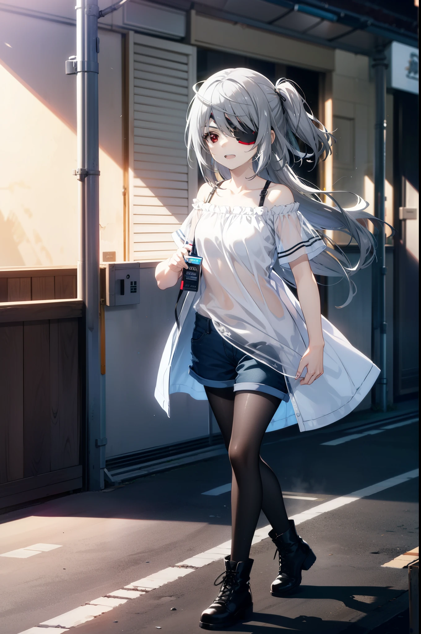 Laurabodewig, Laura Bodewig, Long Hair, (Red eyes:1.3), Grey Hair, Eye patch,smile,tooth,Open your mouth,Oversized one-shoulder shirt,Short sleeve,Shorts,Black pantyhose short boots,Walking,Daytime,Clear skies,whole bodyがイラストに入るように,
break outdoors, Building district,
break looking at viewer, whole body,
break (masterpiece:1.2), Highest quality, High resolution, unity 8k wallpaper, (figure:0.8), (Beautiful attention to detail:1.6), Highly detailed face, Perfect lighting, Highly detailed CG, (Perfect hands, Perfect Anatomy),