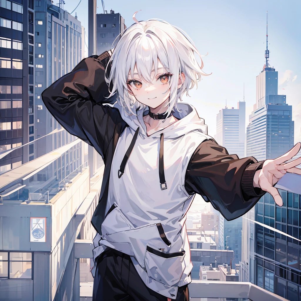 Anime boy, white hair, smiling, with brown eyes, wearing a white contrast sleeve hoodie that has black sleeves, head tilted to the viewpoint, looking at the viewpoint, in a urban area setting like a city