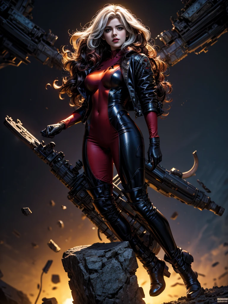 Lea Michele、masterpiece、High quality 4K、villain (X-Men)、Gothic Girl、Sculpted Body Gothic Makeup、Black jacket、Red and blue bodysuit、masterpiece、Highest quality、Cowboy Shots、One personの女の子、One person、Technology Military Bodysuit、fringe