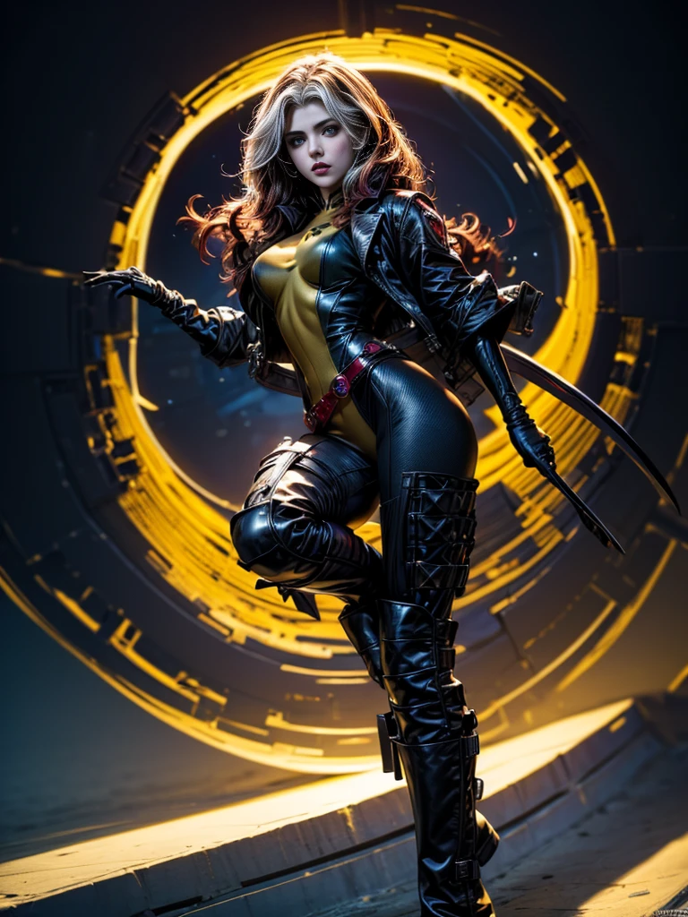 Emily Bett Rickardasterpiece、High quality 4K、villain (X-Men)、Gothic Girl、Sculpted Body Gothic Makeup、Black jacket、Red and blue bodysuit、masterpiece、Highest quality、Cowboy Shots、One personの女の子、One person、Technology Military Bodysuit、fringe