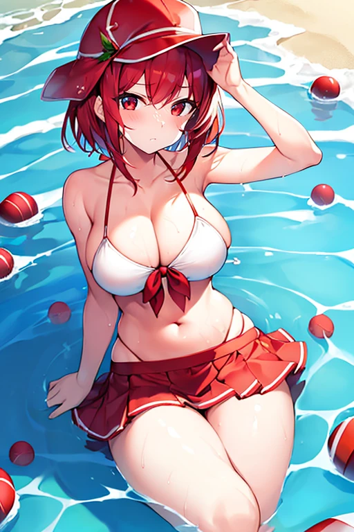 1girl, red hair, bikini, white bikini, skirt, large breasts, thick thighs, very short hair, skirt bikini, beach, serious, red trim, cap, hat, water, spashing, wet, hourglass figure, partialy submerged