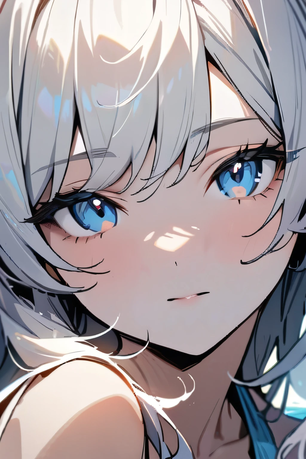Masterpiece, Best quality, Beautiful girl, Beautiful face, Close-up of face, White hair, Beautiful eyes, Blue eyes, Swimsuit,