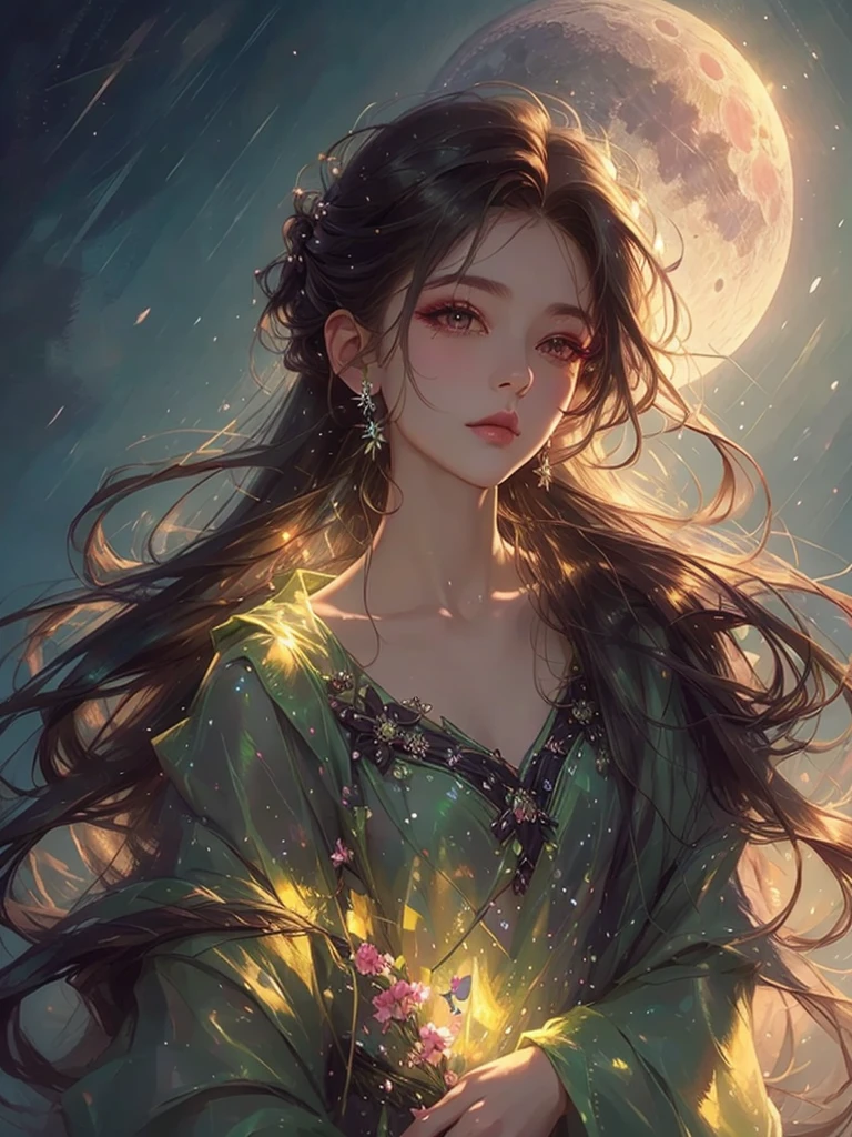High quality, high resolution, one beautiful girl, pink long hair up, fantastic flower field, moonlit night, black dress, fantasy art, Korean glitter eye makeup, very delicate makeup, sparkling flowing hair