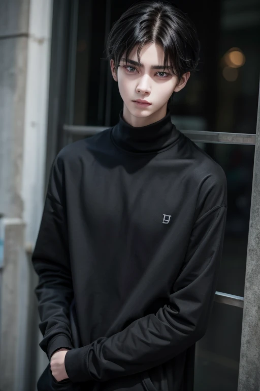 A thin young man. blackquality hair. eyes black. depressed. in a bad mood. black clothing. closed countenance 