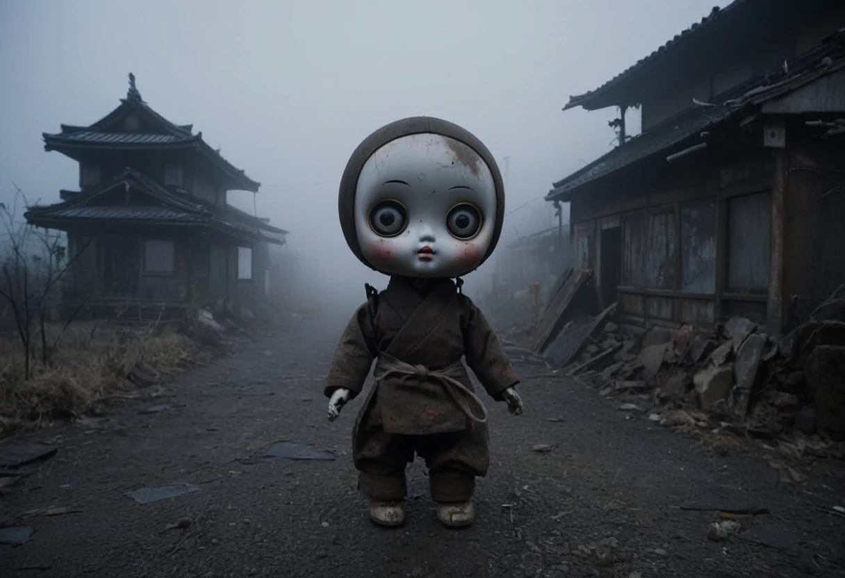 Dark fantasy, dark night, thick fog, eerie Japanese dolls with big eyes, rusty, dirty and cracked Japanese dolls, mechanical dolls, living in ruins, approaching the viewer. Eyes move, head moves.