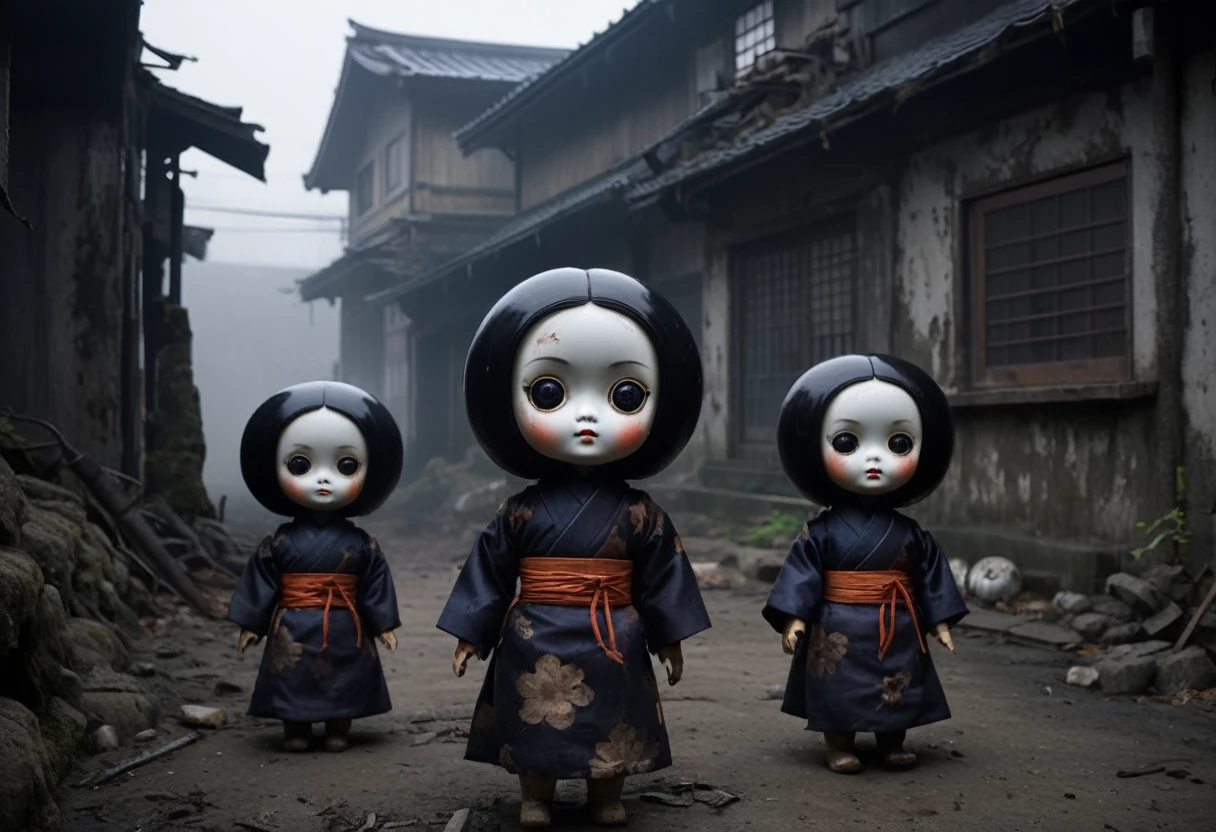Dark fantasy, dark night, thick fog, eerie Japanese dolls with big eyes, rusty, dirty and cracked Japanese dolls, mechanical dolls, living in ruins, approaching the viewer. Eyes move, head moves.