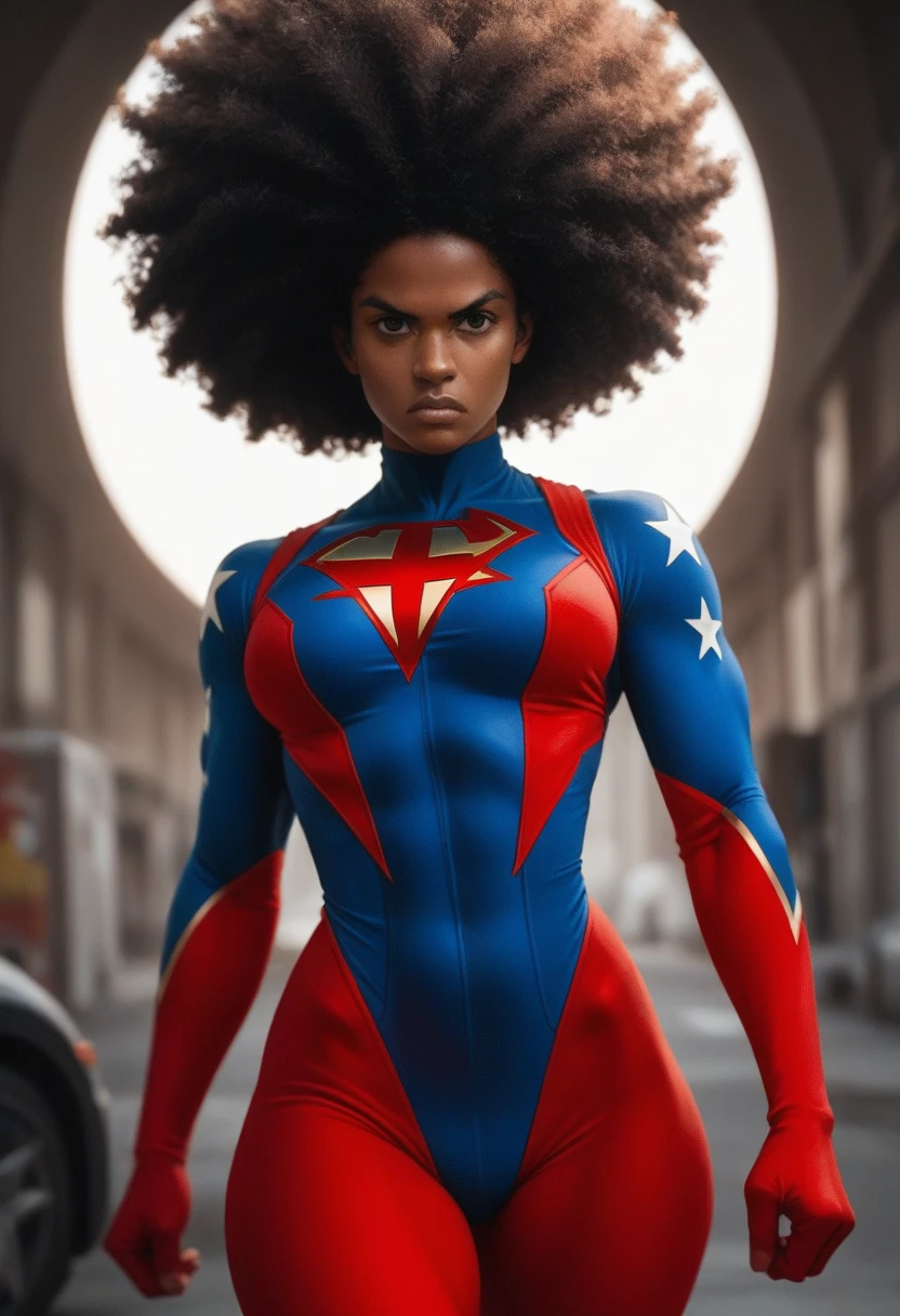 Animated, action, anime african American girl, cartoon, fluffy red hair, afro, black eye covering, red superhero suit, curvy body, serious.