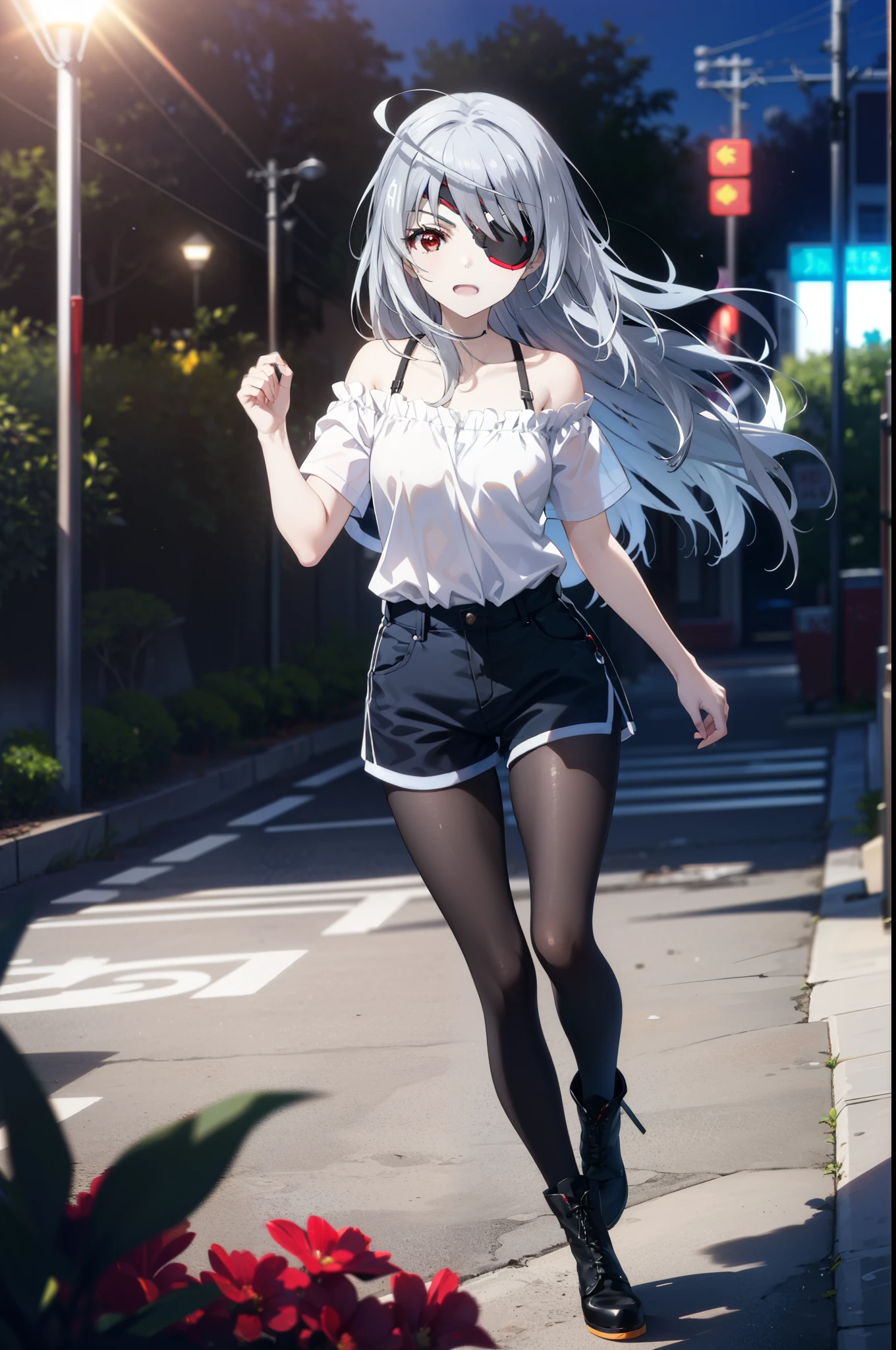 Laurabodewig, Laura Bodewig, Long Hair, (Red eyes:1.3), Grey Hair, Eye patch,smile,tooth,Open your mouth,Oversized one-shoulder shirt,Short sleeve,Shorts,Black pantyhose short boots,Walking,Daytime,Clear skies,whole bodyがイラストに入るように,
break outdoors, Building district,
break looking at viewer, whole body,
break (masterpiece:1.2), Highest quality, High resolution, unity 8k wallpaper, (figure:0.8), (Beautiful attention to detail:1.6), Highly detailed face, Perfect lighting, Highly detailed CG, (Perfect hands, Perfect Anatomy),