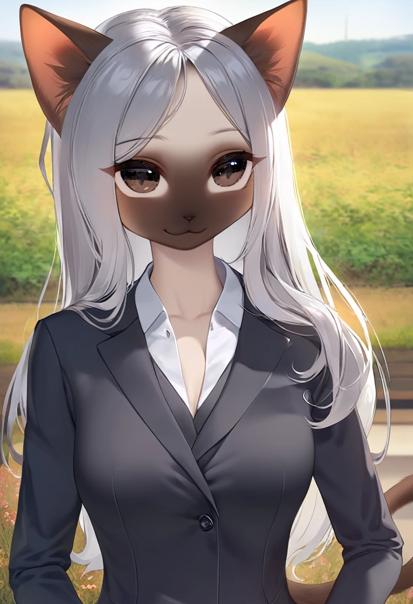 masterpiece、Very detailed、High resolution、8k、Thin face、Cat People、Siamese cat、snub nose, Slender woman、Sharp Eye、Long Hair、Silver Hair、Narrow eyes、Elegant smile、business suit、Suit pants、Rural office、Detailed eyes、Detailed skin、Detailed Hair、field、noon、(Rustic touch),front、