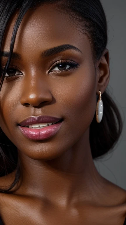 ,,,,A beautiful beautiful black woman, beautiful silhouette, cute + gentle lips+Businessman Tresse) are in a company . very realistic Ivorian communications manager,,,,,,,,,,,, sorriso perfeito cute dentes brancos,,,,,,,,, ultra realisitic, concept drawing, chic, highy detailed, complicated, keen focus, Depth of field, F/1. 8, 85mm, medium shot, medium shot, (((professional color grading))), Spilled, soft, diffuse light, (volumetric Fog), Trends on Instagram, HD 4k, 8k ,, ,,,,,, ultra-realistic female lips, perfectly hydrated and smooth, wearing vibrant glossy black lipstick. The texture of the lips is detailed, showing every curve and contour, with soft lighting that enhances the color and shine of the lipstick. The image is Full HD, capturing the essence of sensual, manicured lips, with a neutral background that further enhances the intensity of the color."