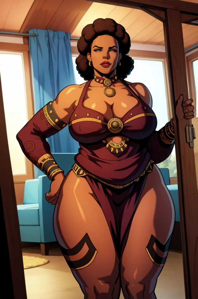 (a 45 year old woman) brown skin, beautiful African-American woman, solo, 1 girl, african hair, super detailed, modern style, direct look, milf, huge breasts, tribal clothes, curvy, slave, afro