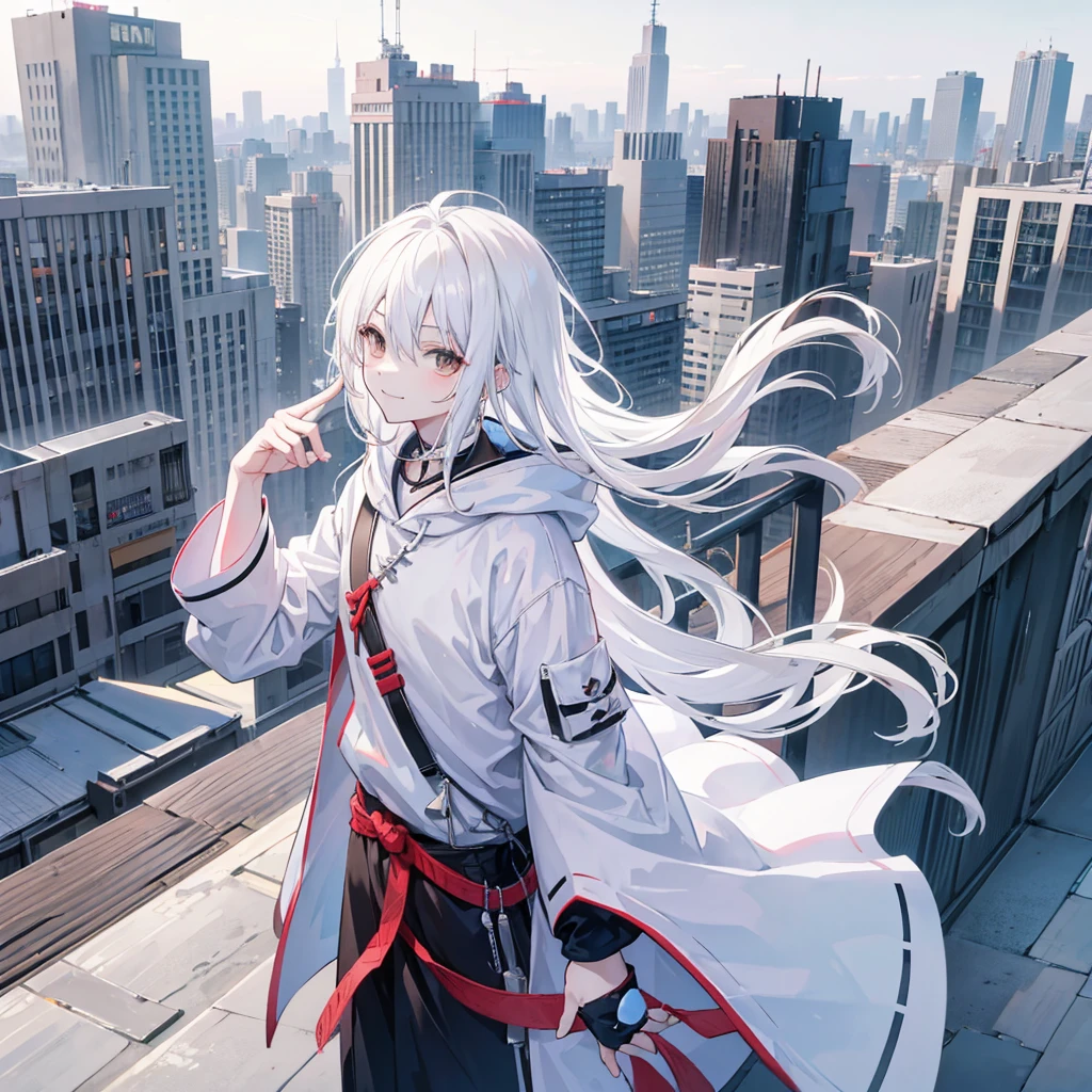 Anime boy, boy, white hair, not long hair, smiling, with brown eyes, wearing a white contrast sleeve harajaku hoodie that has black sleeves, head tilted to the viewpoint, looking at the viewpoint, in a urban area setting like a city