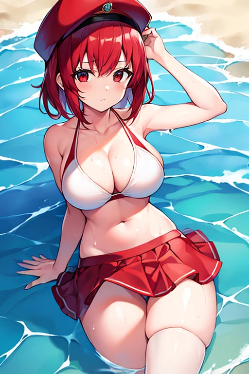 1girl, red hair, bikini, white bikini, skirt, large breasts, thick thighs, very short hair, skirt bikini, beach, serious, red trim, cap, hat, water, spashing, wet, hourglass figure, partially submerged