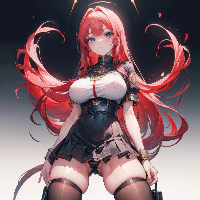 Anime Kawaii sexy Perfect Slim sensual body large breast and huge thighs, An intricate and highly detailed illustration of anime (Young girl). (work of art, Maximum quality, best qualityer, offcial art, beautiful and aesthetic:1.0), (8k, best qualityer, work of art:1.2), pretty long hair,(whole body:1.3), (breasts big:1.4), pretty long hair, high-heels, black thighighs, micro skirt, Red hair, tall girl, tupolev tu-22 bomber