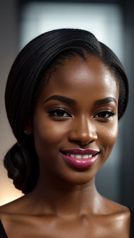 ,,,,A beautiful beautiful black woman, beautiful silhouette, cute + gentle lips+Businessman Tresse) are in a company . very realistic Ivorian communications manager,,,,,,,,,,,, sorriso perfeito cute dentes brancos,,,,,,,,, ultra realisitic, concept drawing, chic, highy detailed, complicated, keen focus, Depth of field, F/1. 8, 85mm, medium shot, medium shot, (((professional color grading))), Spilled, soft, diffuse light, (volumetric Fog), Trends on Instagram, HD 4k, 8k ,, ,,,,,, ultra-realistic female lips, perfectly hydrated and smooth, wearing vibrant glossy black lipstick. The texture of the lips is detailed, showing every curve and contour, with soft lighting that enhances the color and shine of the lipstick. The image is Full HD, capturing the essence of sensual, manicured lips, with a neutral background that further enhances the intensity of the color."