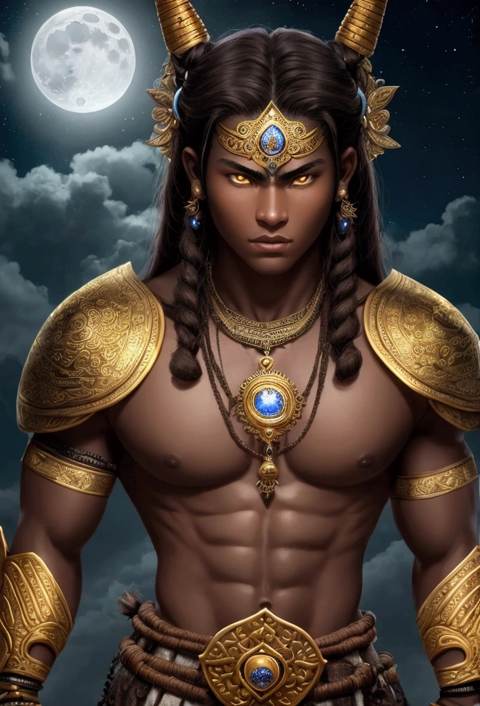 bali, this'FOR MAN, a warrior from Caramuru, has a striking figure. at fifteen, He's tall and athletic, demonstrating the strength and agility gained through his rigorous training. Her brown hair is short and clumsy, falling unruly on your forehead. Bali's golden eyes, that shine brightly under the moonlight, give it a mystical and enigmatic aura. Those eyes, full of determination and pain, reflect the depth of your experiences and the intensity of your emotions.