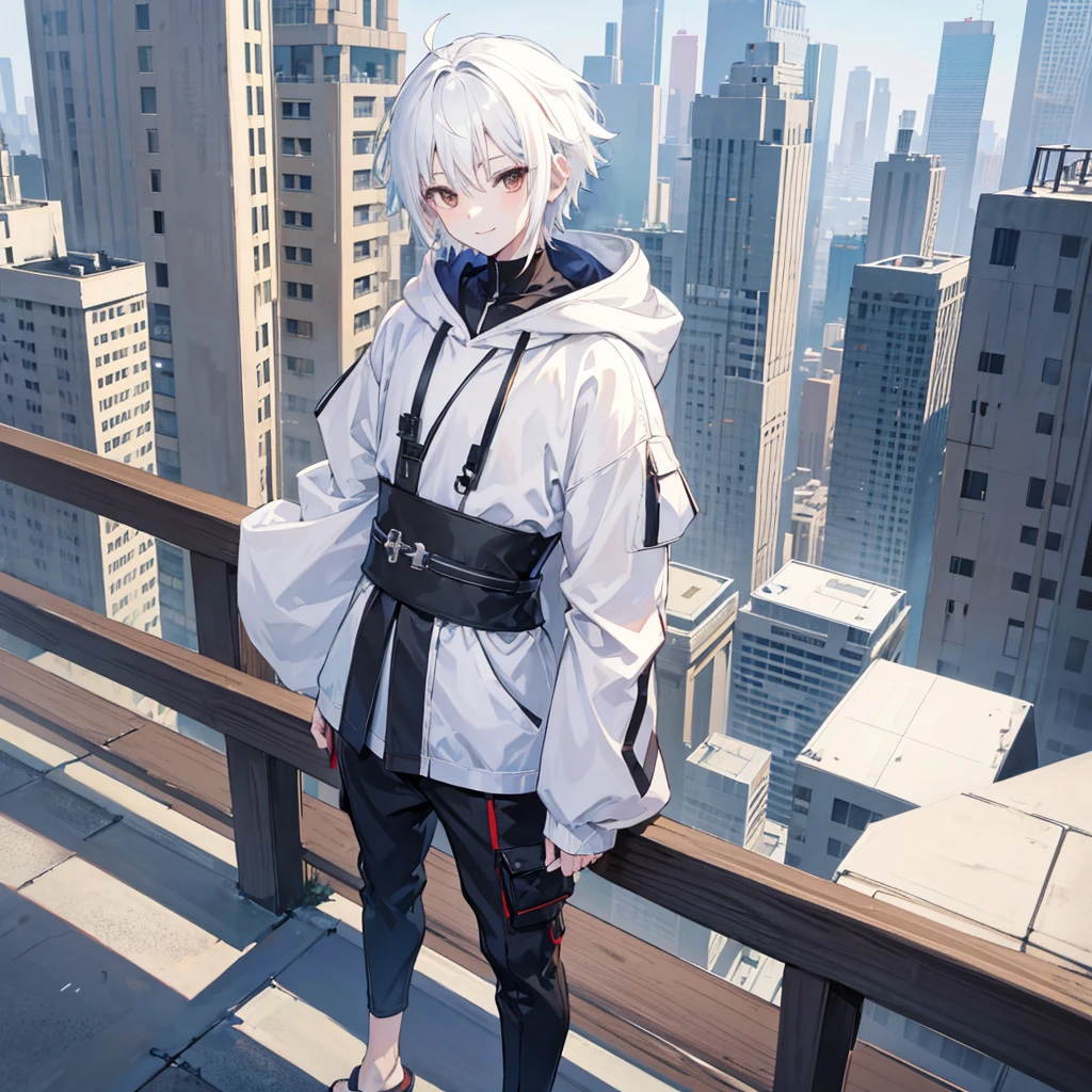 Anime boy, boy, white hair, short hair, smiling, with brown eyes, wearing a white contrast sleeve harajaku hoodie that has black sleeves, head tilted to the viewpoint, looking at the viewpoint, in a urban area setting like a city