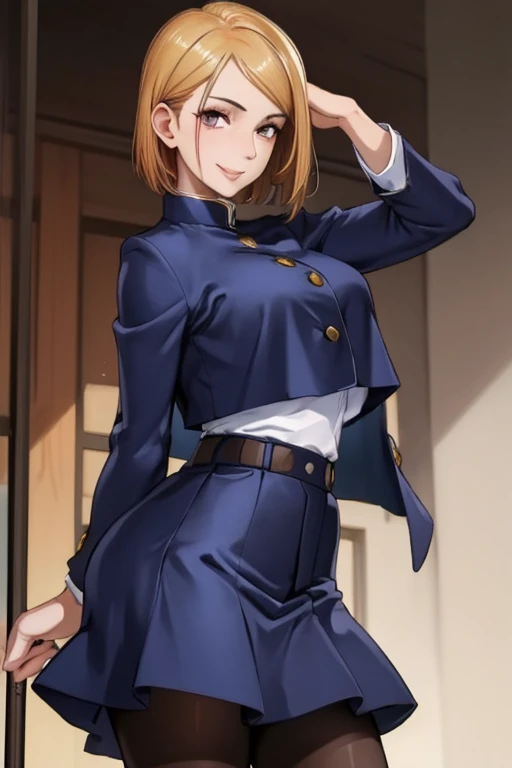 NobaraSU1,1 girl, standing alone, shorth hair, hair orange, , eyes browns, High-waisted Skirt, ssmile, black pantyhose, hourglass figure, blue skirt,  high collar, Hair behind the ear, Blue jacket, crop top overhang,  Masterpiece BREAKING, best qualityer, highly detailed background, perfect lightingbest qualityer, ((shining skin, shining skin, skin detailed))