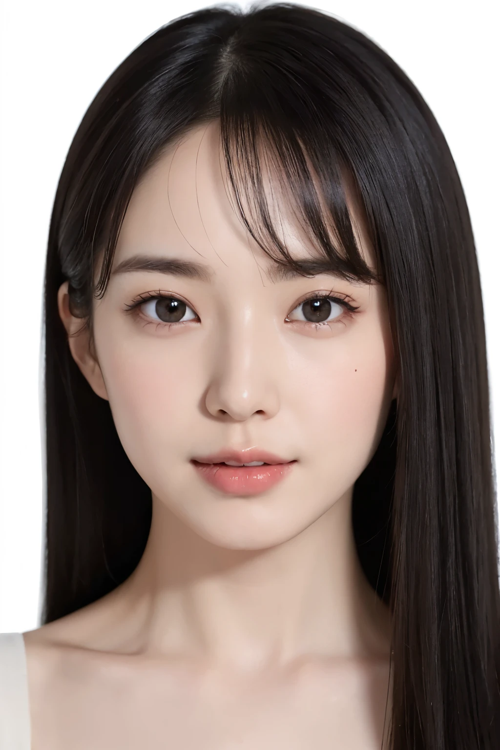 ((masterpiece, Highest quality, High resolution、Everything is beautifully detailed)), One Girl, (Realistic: 1.4), alone, White Background, snow-White Background, ((From above, A little above, look up at the viewer, look up, look up at the camera, Looking into the camera)), Mouth closed, smile, smile, smile, Beautiful black hair, bangsのあるショートヘア, Big eyes, Transparent double eyelids, eyelash, Listen carefully, Beautiful long neck, Absolute area, (Draw the whole head, shoulder), 19 years old, Attractive proportions, Glowing Skin, Beautiful clavicle, Golden ratio face, Perfect Face, Tearful mole, chestのほくろ, bangs, clean bangs, Lip gloss, Thin lips, Fair skin, naked, Big Breasts, Small face, Small face, Draw the whole head, draw all shoulder,Huge chest. Great chest、{huge|big|hugeな|Mega} chest, chestの谷間