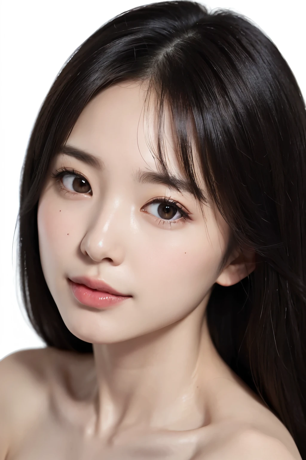 ((masterpiece, Highest quality, High resolution、Everything is beautifully detailed)), One Girl, (Realistic: 1.4), alone, White Background, snow-White Background, ((From above, A little above, look up at the viewer, look up, look up at the camera, Looking into the camera)), Mouth closed, smile, smile, smile, Beautiful black hair, bangsのあるショートヘア, Big eyes, Transparent double eyelids, eyelash, Listen carefully, Beautiful long neck, Absolute area, (Draw the whole head, shoulder), 19 years old, Attractive proportions, Glowing Skin, Beautiful clavicle, Golden ratio face, Perfect Face, Tearful mole, chestのほくろ, bangs, clean bangs, Lip gloss, Thin lips, Fair skin, naked, Big Breasts, Small face, Small face, Draw the whole head, draw all shoulder,Huge chest. Great chest、{huge|big|hugeな|Mega} chest, chestの谷間