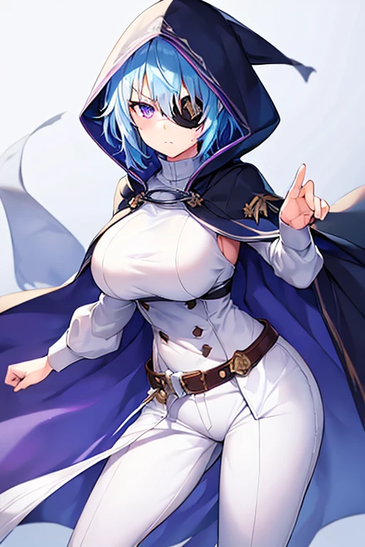 1girl, large breasts, light blue hair, purple eyes, one eye covered, eyepatch, ((eyepatch)), short hair, glowing eyes, angry, mad, cloak, white cloak, white hood, white cape, cape, belt, white pants, white clothes, hood up, pants, ((pants))