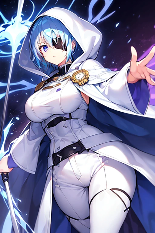 1girl, large breasts, light blue hair, purple eyes, one eye covered, eyepatch, ((eyepatch)), short hair, glowing eyes, angry, mad, cloak, white cloak, white hood, white cape, cape, belt, white pants, white clothes, hood up, pants, ((pants))