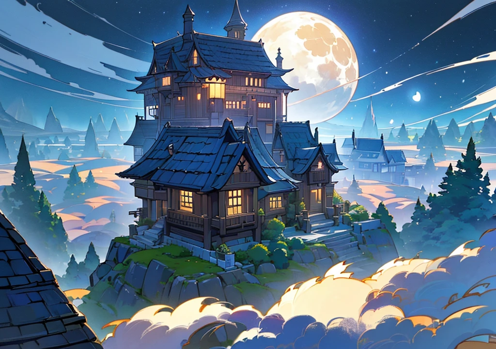 (((Floating House, The house is floating,Western style,Cafe, Western style建築, Stylishな家))), (Stylish, Fantasy, Night view、beautiful月、full moon、beautiful空, cumulonimbus), nature, beautiful, beautiful, beautiful空, (Landscape painting, Anime Style, Anime Style景, background), (high resolution, Good image quality、Detailed Pixels、Hypixel、Sharp lines, High quality)