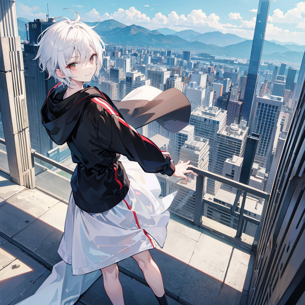 Anime boy, boy, white hair, short hair, smiling, with brown eyes, wearing a white contrast sleeve hoodie that has black sleeves, head tilted to the viewpoint, looking at the viewpoint, in a urban area setting like a city