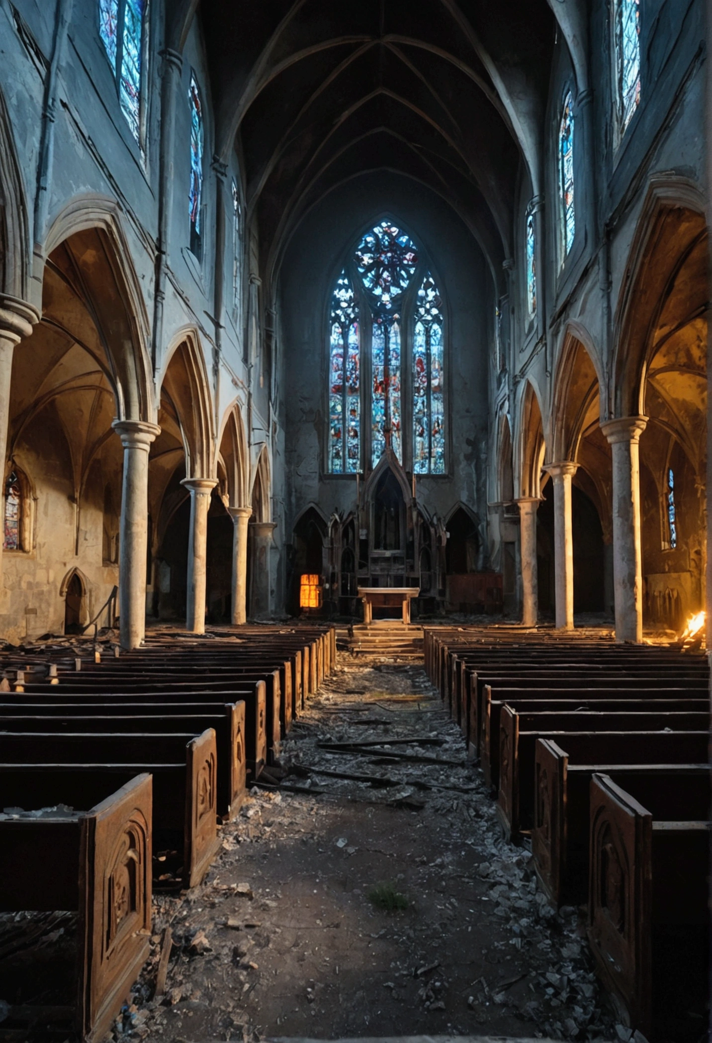 evening, interior large abandoned gothic church, there is no light outside, inside is lit by torches
