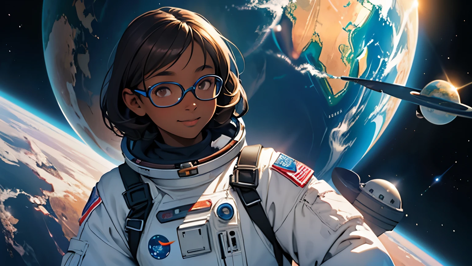 gemtech , Science-Fiction, internal reflections , transparent, inner details , Scholars , scroll, 1 girl,shorth hair, curly  hair, glowing eyes, smile ,closed mouth, fire von hair  hair, hold a globe 