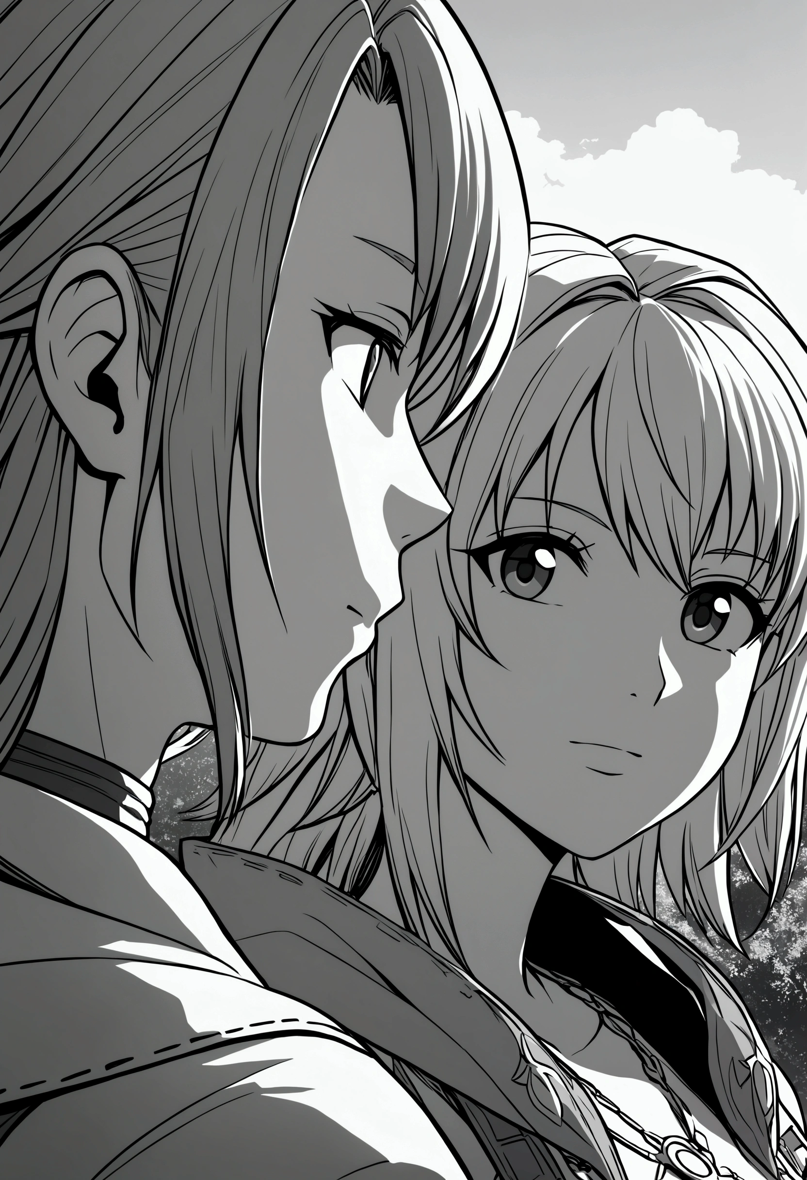 couple, Final Fantasy, FFX, game, video game, light skin, pretty, technicolorBREAK outdoors, twilight, raytracing BREAK d4rk4rt artstyle, monochrome, close up