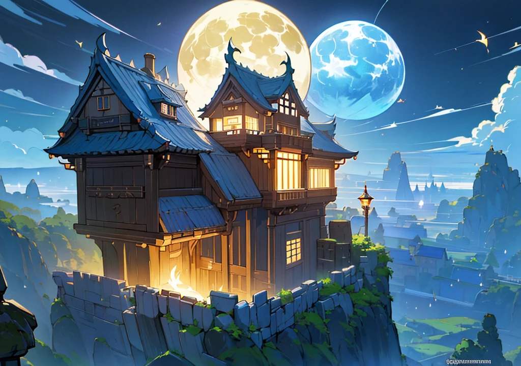 (((Floating House, The house is floating,Western style,Cafe, Western style建築, Stylishな家))), (Stylish, Fantasy, Night view、beautiful月、full moon、beautiful空, cumulonimbus), nature, beautiful, beautiful, beautiful空, (Landscape painting, Anime Style, Anime Style景, background), (high resolution, Good image quality、Detailed Pixels、Hypixel、Sharp lines, High quality)