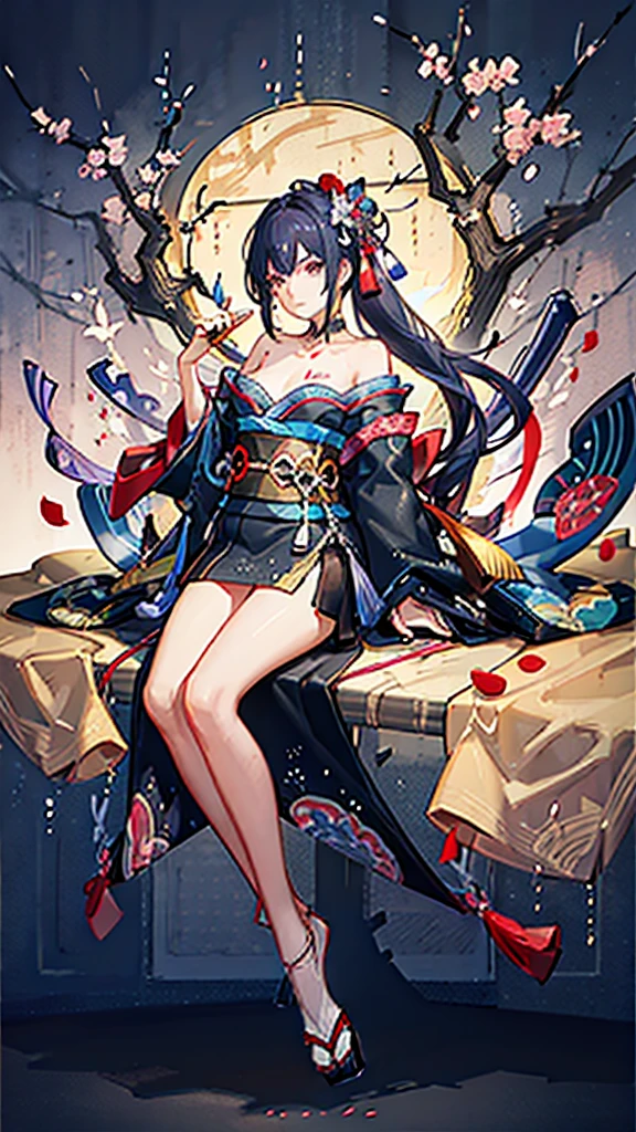 ((roll up bandage sideways on a chest tightly to cover the chest without gaps)), bandage samweways, the bantage is no chest shape, flat chest, ((Japanese Gangster BOSS)), adult woman with the dignified presence, Killing Qi, wear nothing around shoulder, wear nothing around neck, wear the kimono, wear it below the waist, (I wind it up to control it, and to attach it), ((kimono come off)) ,wear the kimono multiple times, Bare shoulders and the clavicle, black and gold kimono, put on over jacket of kimono, (holding a japanese sword which shine in purple, The handole of the sword is black, and the blade is gray, long sword), eye fire, low angle, whole body, bandage is seen, anime character, Glaring, off sholder, nappropriate smile, Excellent, black blue hair, can see both shoulder, ((long kimono hem)), small face, ((some cherry blossam big tattoo on the arm)),((Sit with your legs folded)), ((background Japanese gate with circlr mark)),Muscular,drink sake,fullmoon in the sky, hide legs, The kimono is spreading,(((ultra-detailed)))