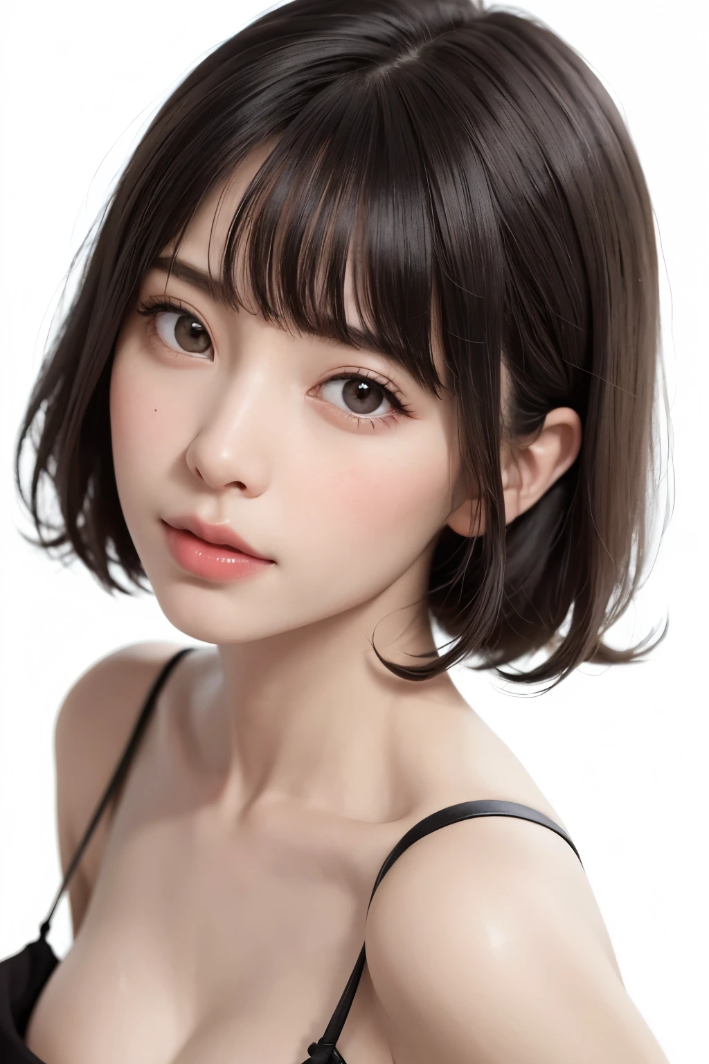 ((masterpiece, Highest quality, High resolution、Everything is beautifully detailed)), One Girl, (Realistic: 1.4), alone, White Background, snow-White Background, ((From above, A little above, look up at the viewer, look up, look up at the camera, Looking into the camera)), Mouth closed, smile, smile, smile, Beautiful black hair, bangsのあるショートヘア, Big eyes, Transparent double eyelids, eyelash, Listen carefully, Beautiful long neck, Absolute area, (Draw the whole head, shoulder), 19 years old, Attractive proportions, Glowing Skin, Beautiful clavicle, Golden ratio face, Perfect Face, Tearful mole, chestのほくろ, bangs, clean bangs, Lip gloss, Thin lips, Fair skin, naked, Big Breasts, Small face, Small face, Draw the whole head, draw all shoulder,Huge chest. Great chest、{huge|big|hugeな|Mega} chest, chestの谷間