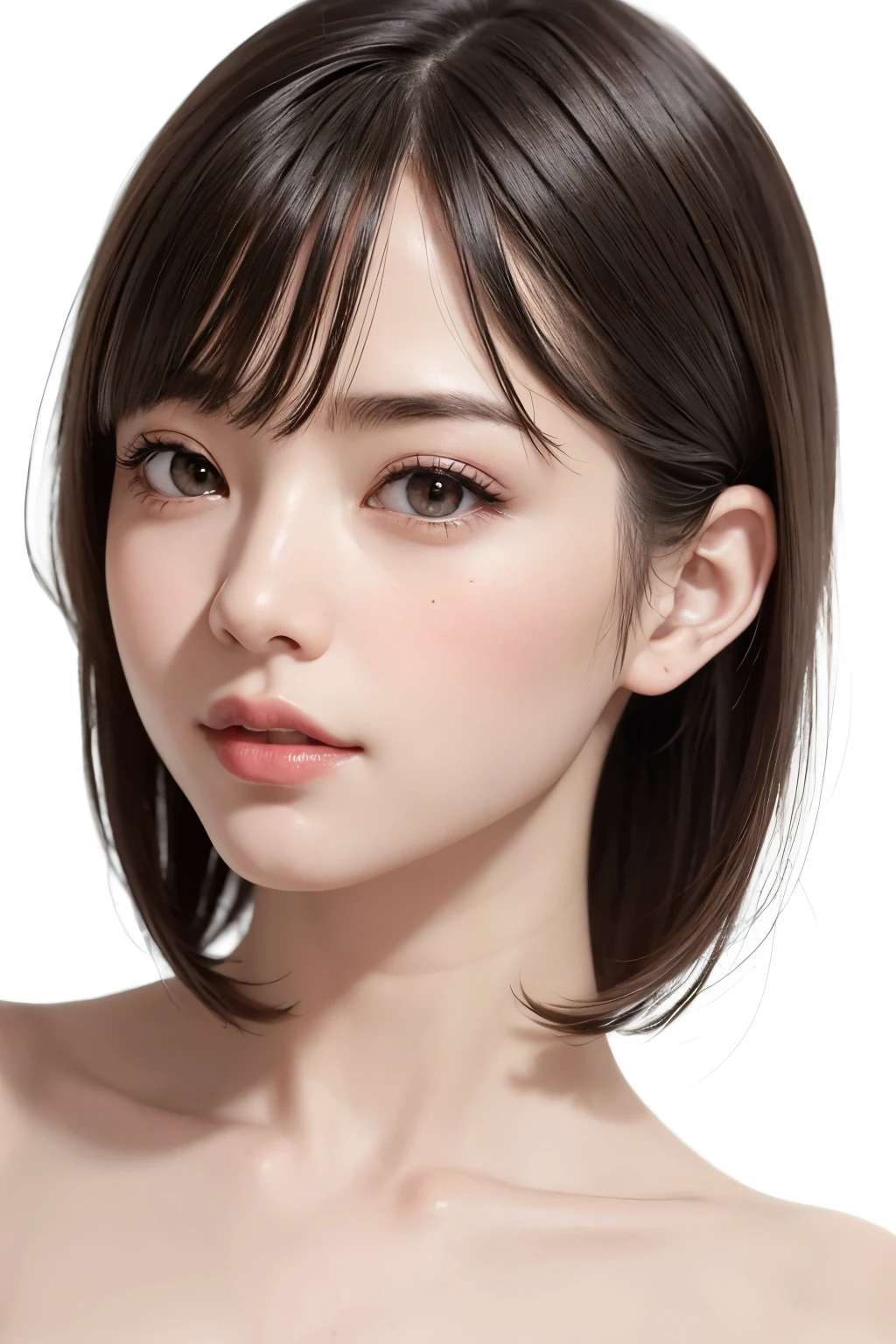 ((masterpiece, Highest quality, High resolution、Everything is beautifully detailed)), One Girl, (Realistic: 1.4), alone, White Background, snow-White Background, ((From above, A little above, look up at the viewer, look up, look up at the camera, Looking into the camera)), Mouth closed, smile, smile, smile, Beautiful black hair, bangsのあるショートヘア, Big eyes, Transparent double eyelids, eyelash, Listen carefully, Beautiful long neck, Absolute area, (Draw the whole head, shoulder), 19 years old, Attractive proportions, Glowing Skin, Beautiful clavicle, Golden ratio face, Perfect Face, Tearful mole, chestのほくろ, bangs, clean bangs, Lip gloss, Thin lips, Fair skin, naked, Big Breasts, Small face, Small face, Draw the whole head, draw all shoulder,Huge chest. Great chest、{huge|big|hugeな|Mega} chest, chestの谷間