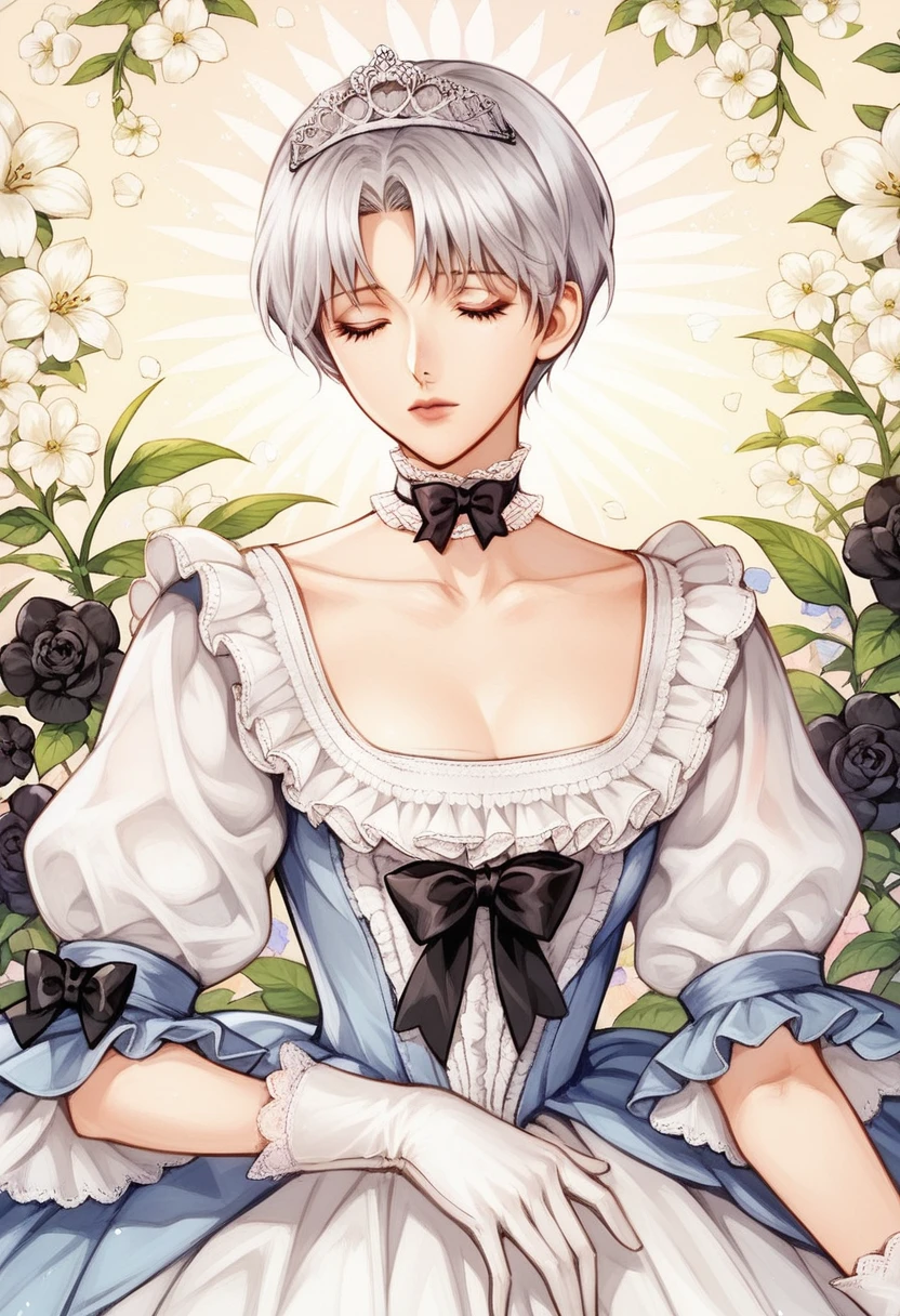 score_9, score_8_up, score_7_up, 1girl,(floral background), romance manhwa, (nagisa), 1girl, solo, short hair, flower, dress, tiara, white dress, gloves, long sleeves, choker, mascara, makeup, white gloves, black bow, black flower, bow, jewelry, looking at viewer, collarbone, puffy sleeves, silver accessories, upper body, bangs, blue dress, frills, closed mouth, detailed eyes