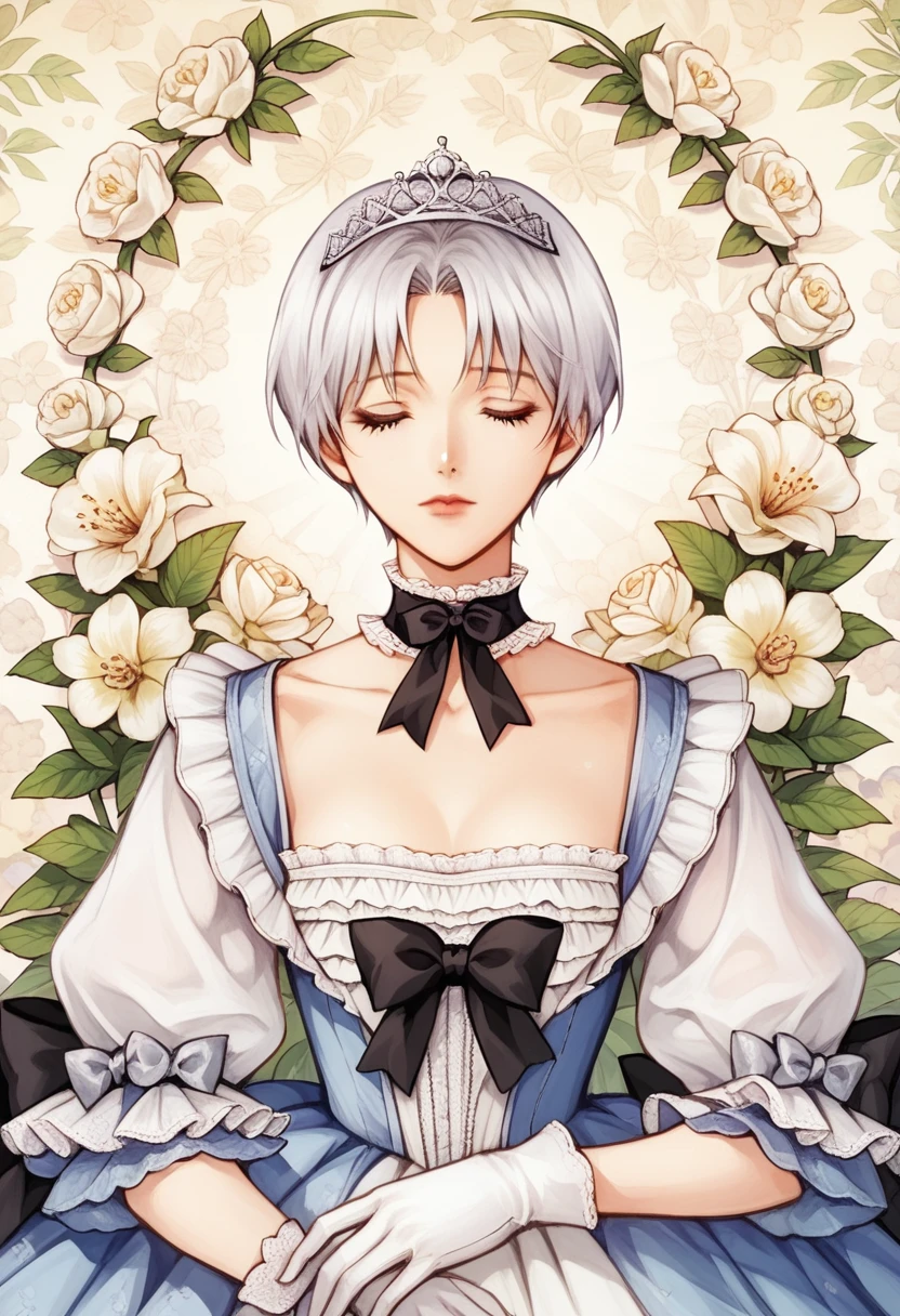 score_9, score_8_up, score_7_up, 1girl,(floral background), romance manhwa, (nagisa), 1girl, solo, short hair, flower, dress, tiara, white dress, gloves, long sleeves, choker, mascara, makeup, white gloves, black bow, black flower, bow, jewelry, looking at viewer, collarbone, puffy sleeves, silver accessories, upper body, bangs, blue dress, frills, closed mouth, detailed eyes